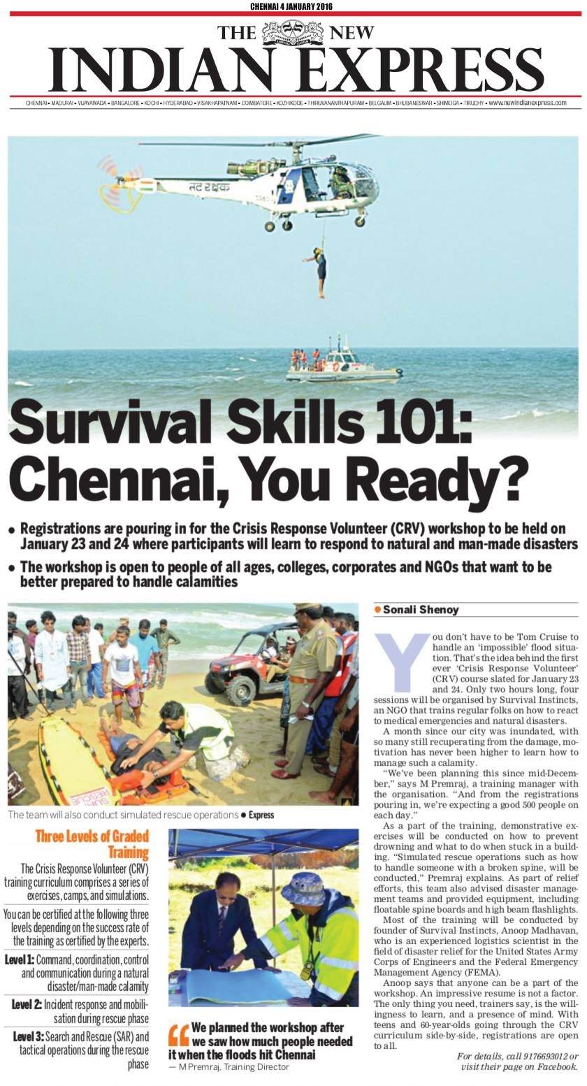 The Indian Express recently featured our disaster response training, hosted by Survival Instincts Company. If you are interested in attending this event to learn about emergency preparedness and survival skills for natural disasters, visit http bit ly si crv to register now! Our team of experts will be providing detailed guidance on how best to prepare yourself and your family during an unexpected crisis situation. We believe it is important that everyone has the knowledge they need in order to protect themselves and their loved ones during a time of distress or chaos. Register today so we can help equip you with these essential life saving tools!