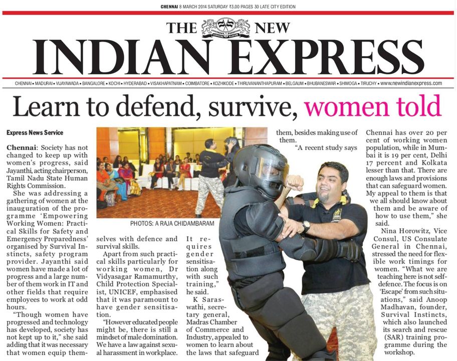 On Women's Day, The New Indian Express covered the Survival Instincts EVADE Workshop. This event was hosted by Jayanti IAS Chairperson Tam and aimed to equip women with self defense techniques that could be used in dangerous situations. Attendees of the workshop were taught how to recognize danger signals early on as well as how to identify potential attackers weak spots for effective countermeasures against them. Through practical exercises such as role playing scenarios, participants learned valuable skills which they can use if ever faced with an attack or threat from a stranger or someone known to them alike .The attendees also received guidance about safety tips when travelling alone at night something many young women have had difficulty doing due its associated risks involved until now.