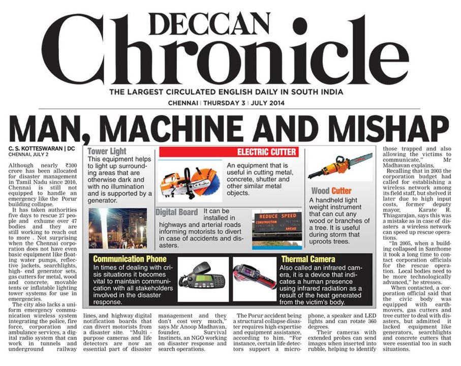 Anoop Madhavan, founder of Survival Instincts, was recently featured in an article by Deccan Chronicle discussing disaster response technology. According to the piece, Mr. Madhavan believes that technology can help mitigate disasters and reduce their impact on society. He went on to explain how his company is leveraging artificial intelligence (AI) and machine learning algorithms for predictive analysis so they can anticipate natural hazards before they occur. By doing this early warning system could be implemented which would give people time to evacuate or take other appropriate steps if needed thus minimizing casualties from a potential disaster situation. Through these measures he hopes that communities around the world will become better prepared when facing such events in future times ahead