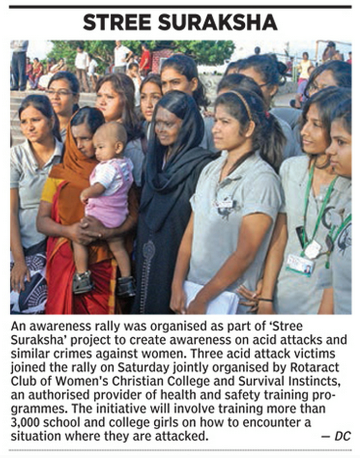 The Rotaract Club of WCC recently organized a rally called Stree Suraksha, with the support of Survival Instincts. This event was covered by Deccan Chronicle and provided an opportunity to spread awareness about safety for women in public spaces. The initiative aimed at creating safe zones around educational institutions as well as other places frequented by young people like parks, malls etc., so that they can go out without fear or apprehension. Through this rally, participants were encouraged to take action against any form of harassment faced on roads or elsewhere when travelling alone. It also served as a platform where survivors could come forward and share their stories while inspiring others through them too!