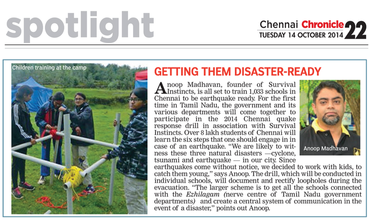 Deccan Chronicle recently featured Anoop Madhavan, who has been providing disaster and safety training for students through his company Survival Instincts. His aim is to educate children on how to respond in emergency situations such as fires or earthquakes. He also provides tips about first aid kits and basic survival techniques that can be used during natural disasters like floods or hurricanes. Through interactive lessons, he helps kids understand the importance of being prepared in a crisis situation while teaching them life saving skills they may need one day. With this initiative, Mr Madhavan hopes to create more awareness among young people so they are better equipped with the knowledge needed when faced with an unexpected event